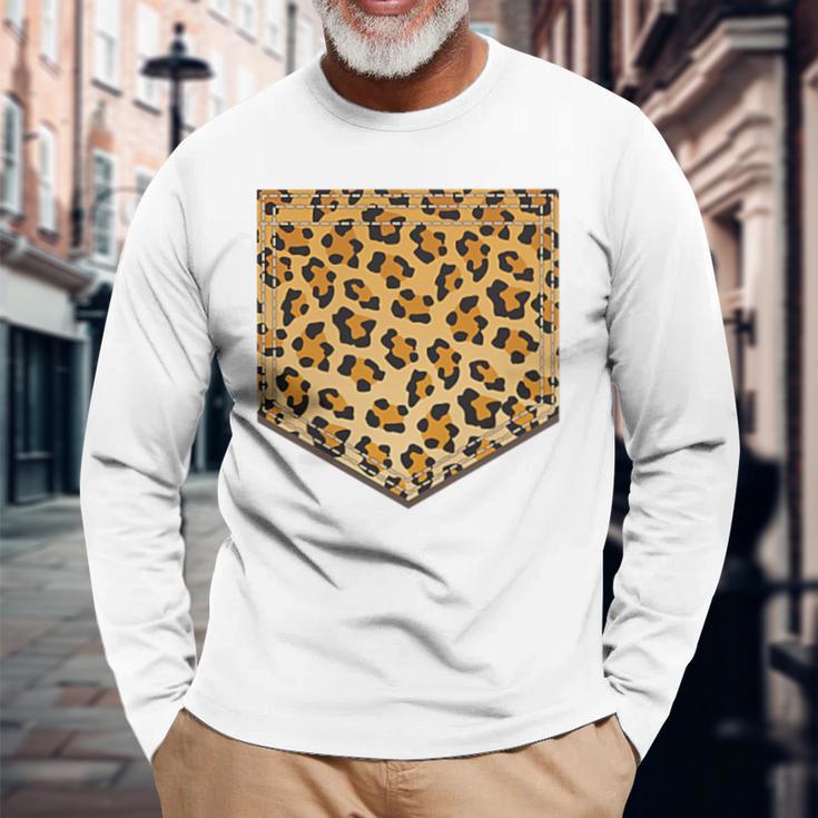 Leopard Print Pocket Cool Animal Lover Cheetah Long Sleeve T-Shirt Gifts for Old Men