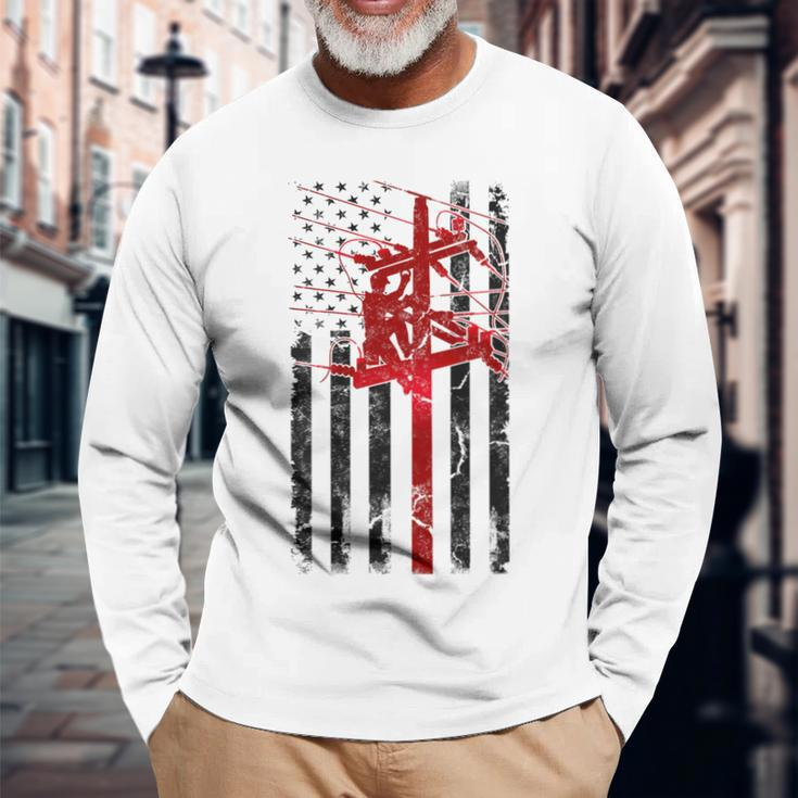 Lineman American Flag Electric Cable Lineworker Long Sleeve T-Shirt Gifts for Old Men