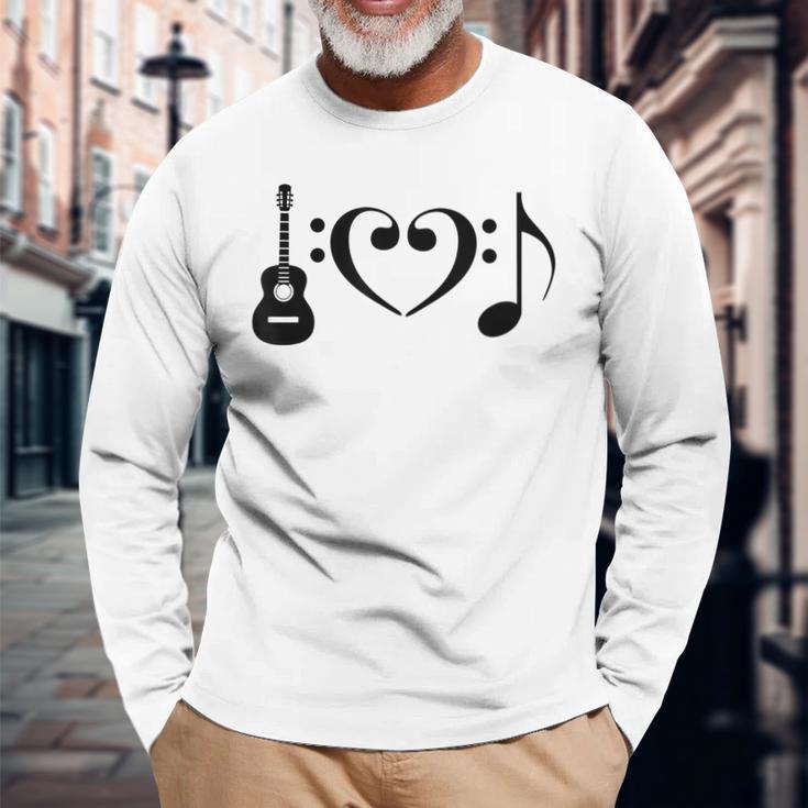 I Love Music Using Acoustic Guitar Bass Clefs Note Long Sleeve T-Shirt Gifts for Old Men