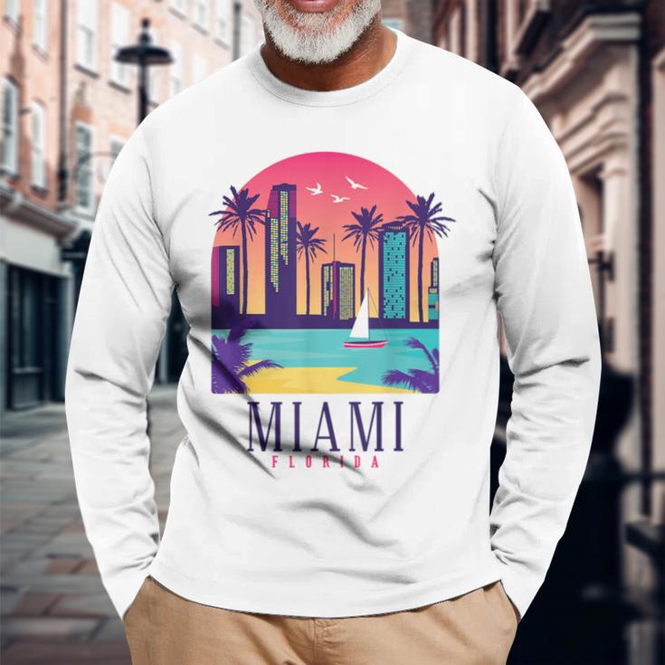 Miami Florida Vintage Retro Skyline Palm Trees Souvenir Long Sleeve T-Shirt Gifts for Old Men