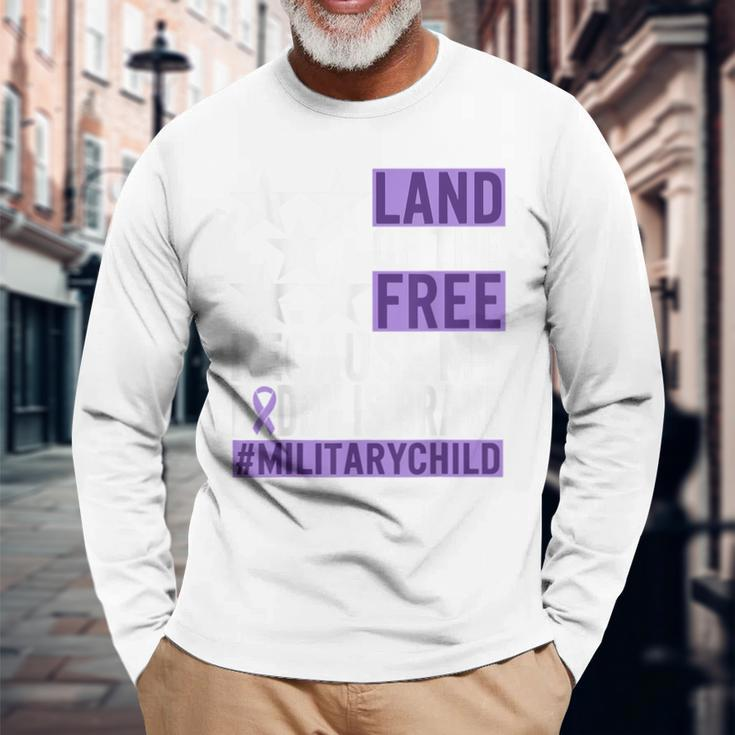 Military Child Month Purple Up Land Of The Free Daddy Brave Long Sleeve T-Shirt Gifts for Old Men