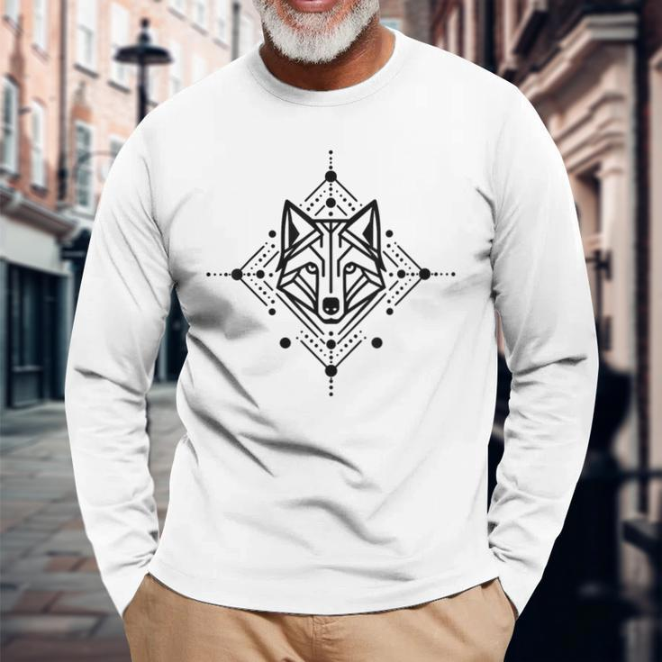 Minimal Line And Shape Black Of A Wolf Geometric Long Sleeve T-Shirt Gifts for Old Men