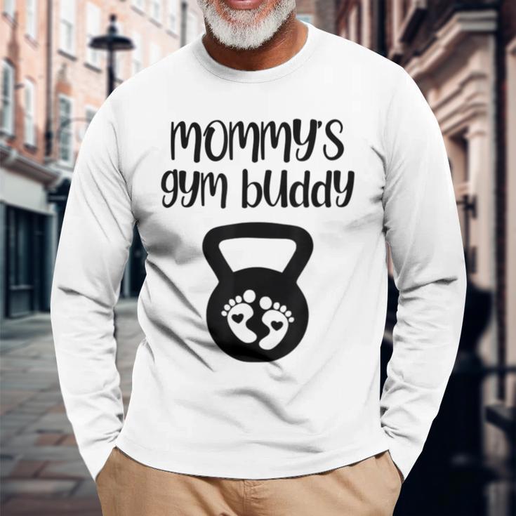 Mommy's Gym Buddy Pregnant Kettlebell Lifting Bodybuilding Long Sleeve T-Shirt Gifts for Old Men