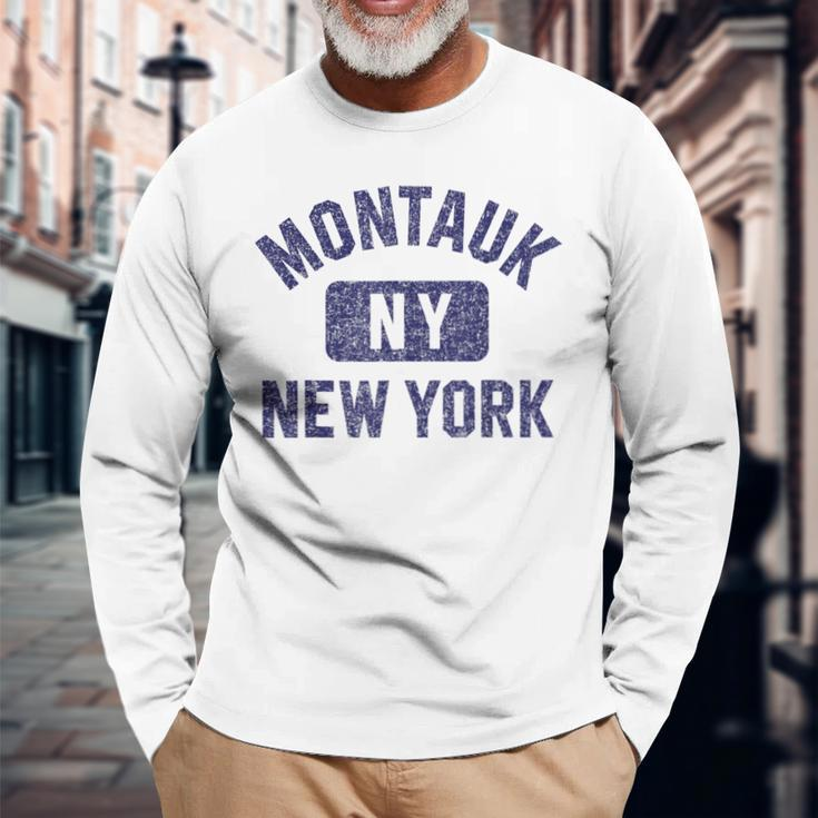 Montauk Ny Gym Style Distressed Navy Blue Print Long Sleeve T-Shirt Gifts for Old Men