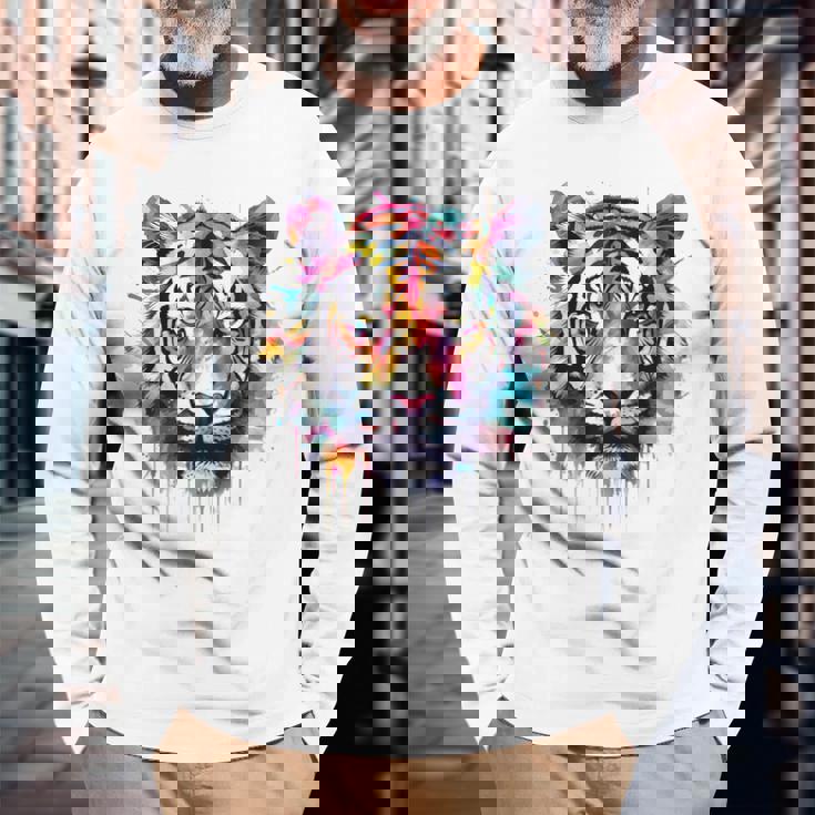 Obra De Arte De Tigre Colorido Animal Arte Tigre Camiseta de manga larga Regalos para ancianos