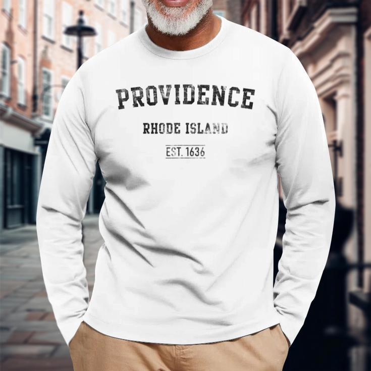 Providence Rhode Island Distressed Text Sport Style Long Sleeve T-Shirt Gifts for Old Men