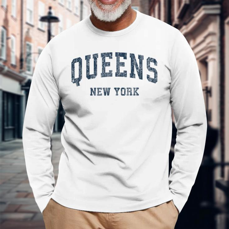 Queens New York Ny Vintage Varsity Sports Navy Long Sleeve T-Shirt Gifts for Old Men