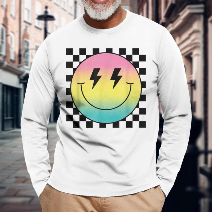 Rainbow Smile Face Cute Checkered Smiling Happy Face Long Sleeve T-Shirt Gifts for Old Men