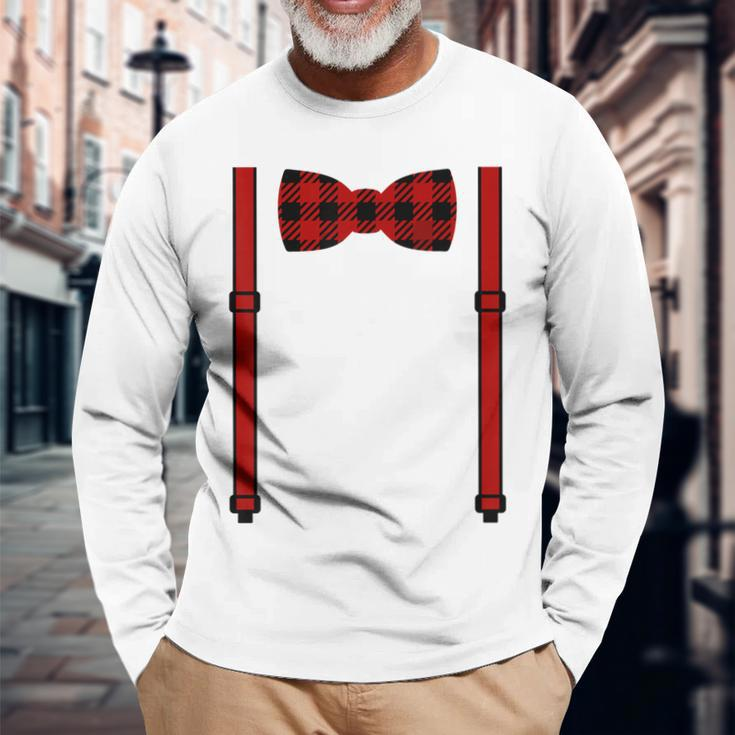 Red Buffalo Plaid Bow Tie And Suspenders Long Sleeve T-Shirt Gifts for Old Men