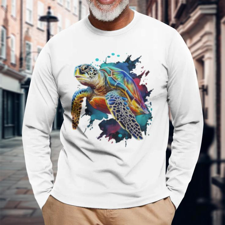 Sea Turtle Watercolor Graphic Long Sleeve T-Shirt Gifts for Old Men