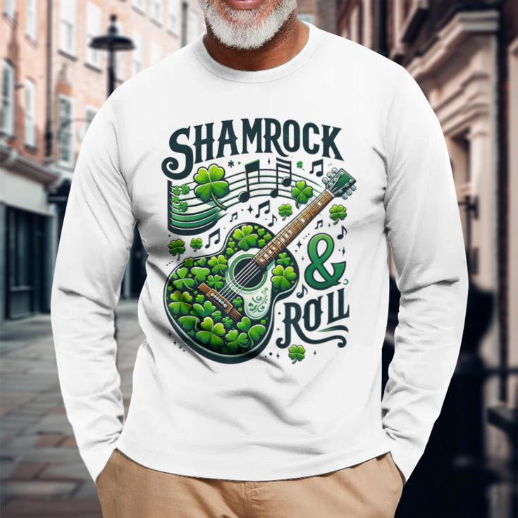 Shamrock N Roll St Patrick's Day Guitar Irish Music Long Sleeve T-Shirt Gifts for Old Men