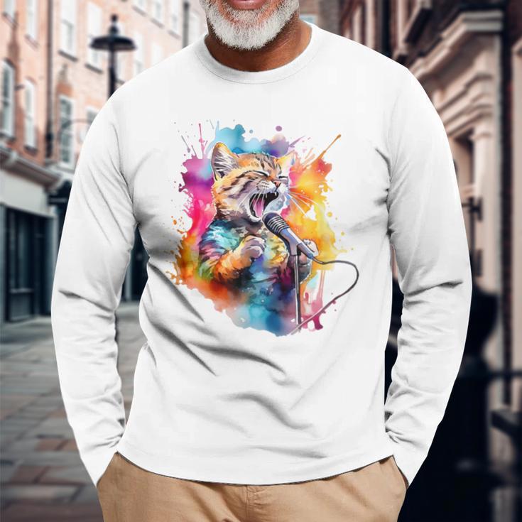 Singing Cat Kitty Cat Singing Into A Microphone Long Sleeve T-Shirt Gifts for Old Men