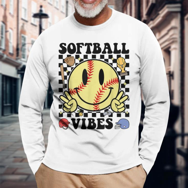 Softball Vibes Smile Face Game Day Softball Mom Long Sleeve T-Shirt Gifts for Old Men