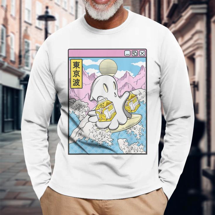 Surfing Ghost Banana Milk Japanese Waves Kawaii Vaporwave Long Sleeve T-Shirt Gifts for Old Men