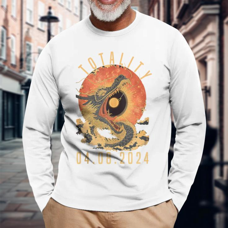 Totality 04082024 Dragon & Sun Solar Eclipse April 8 2024 Long Sleeve T-Shirt Gifts for Old Men