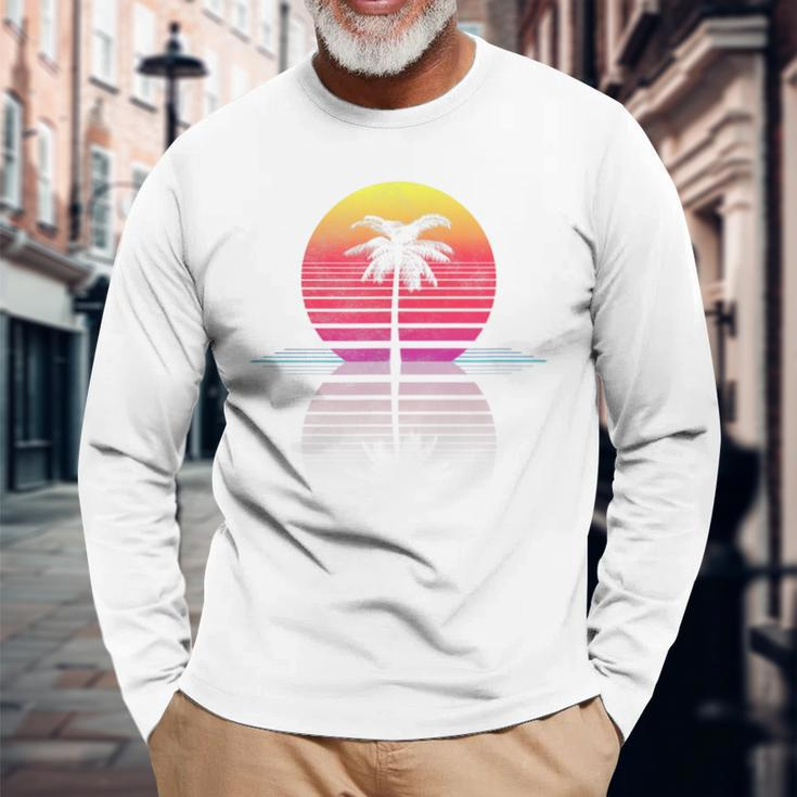 Vintage 80S 90S Retro Surf Outrun Sun Synthwave Palm Tree Long Sleeve T-Shirt Gifts for Old Men