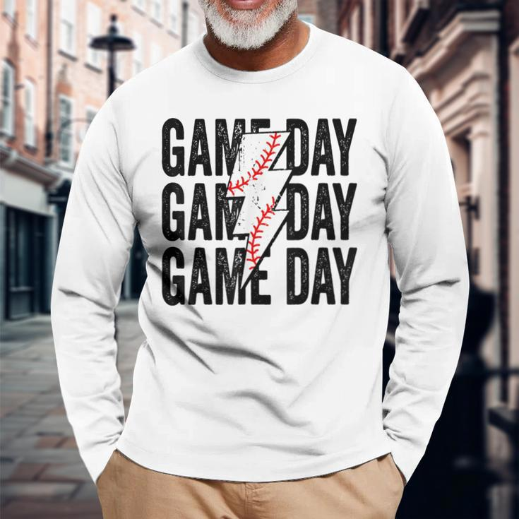 Vintage Game Day Baseball Lightning Bolt Team Sport Long Sleeve T-Shirt Gifts for Old Men
