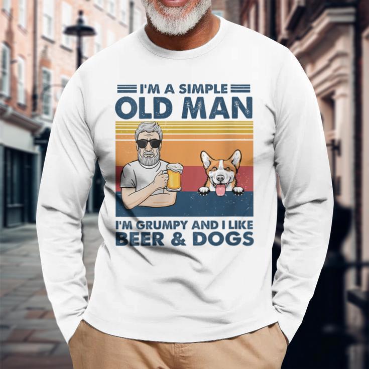 Vintage Grumpy Old Man Like Beer And Dogs Red Corgi Grandpa Long Sleeve T-Shirt Gifts for Old Men