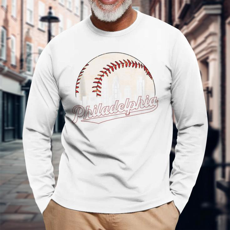 Vintage Philadelphia Philly Cityscape Baseball Skyline Old Long Sleeve T-Shirt Gifts for Old Men