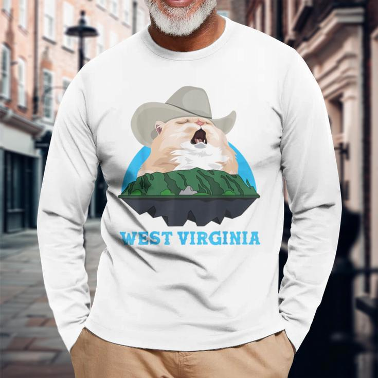 West Virginia Cowboy Cat Singing Meme Meowdy Long Sleeve T-Shirt Gifts for Old Men