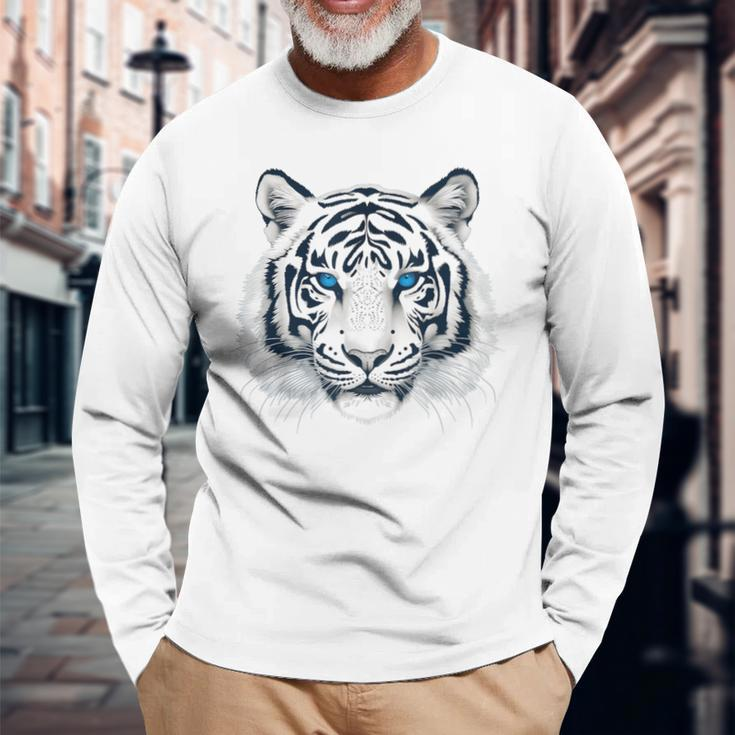 White Tiger Blue Eyes Wild Cat Animal Long Sleeve T-Shirt Gifts for Old Men