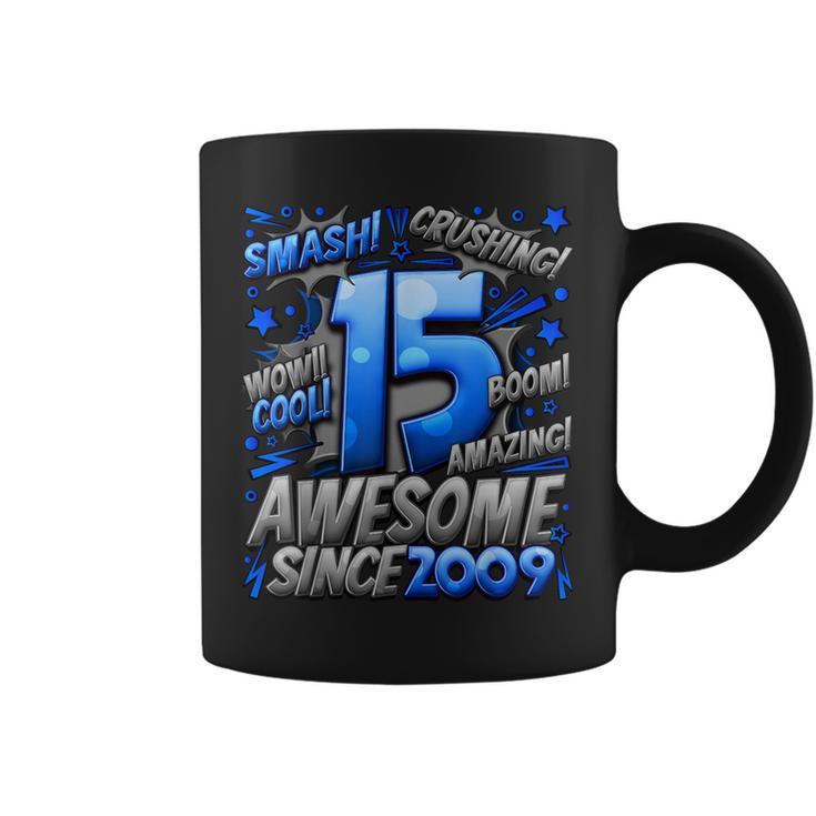 15Th Birthday Comic Style Awesome Since 2009 15 Year Old Boy Coffee Mug