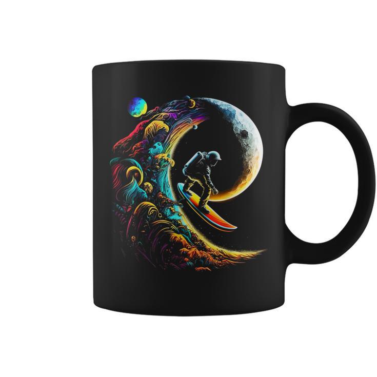 Astronaut Surfing Through Space Universe Galaxy Planets Moon Coffee Mug