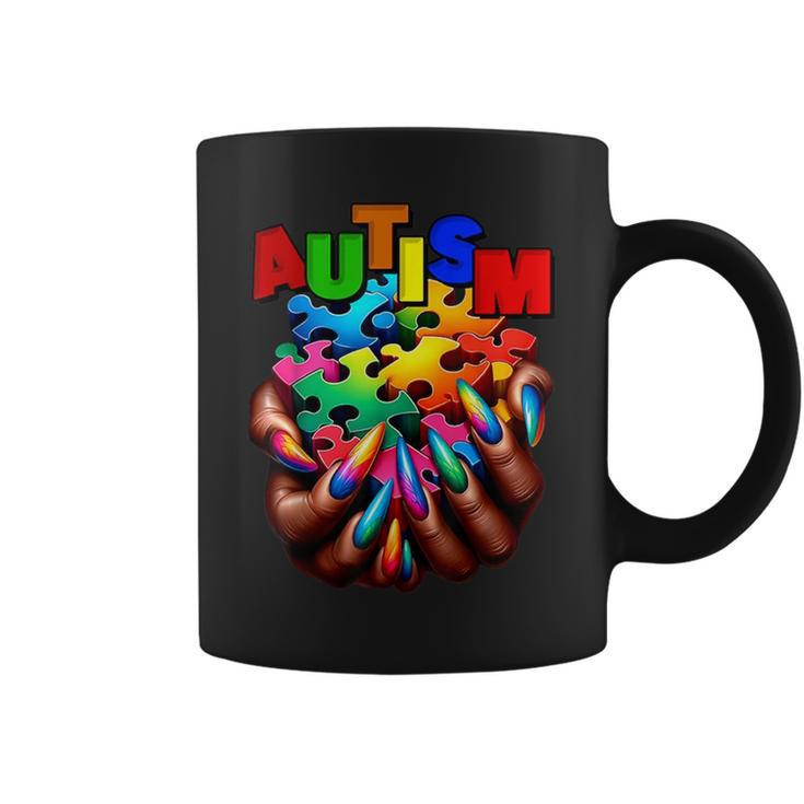 Autism Awareness Hand Black Woman Autism Mom Puzzle Piece Coffee Mug