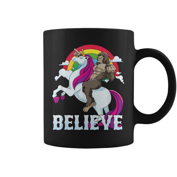 Bigfoot Riding Unicorn Rainbow Sasquatch Believe Coffee Mug