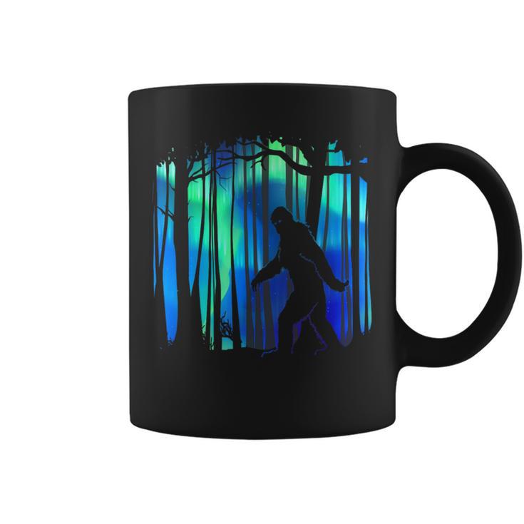 Bigfoot Walking Northern Lights Aurora Forest Coffee Mug