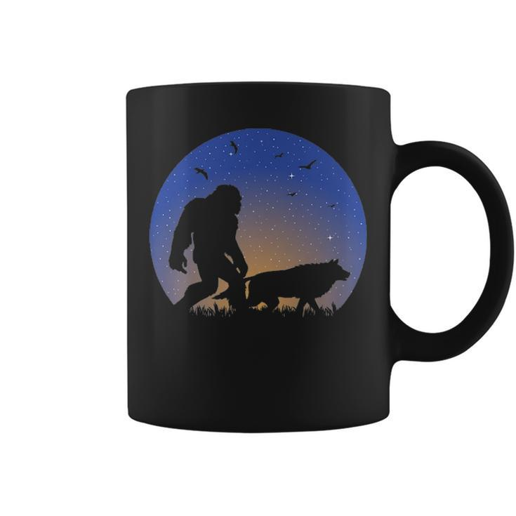 Bigfoot With Wolf Companion Silhouette Nightime Stars Coffee Mug