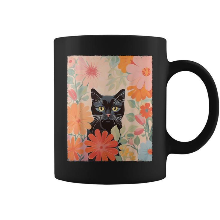 Black Cat And Flowers Cat Lover Cat Floral Cat Coffee Mug