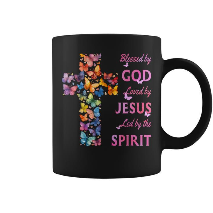 Blessed By God Loved By Jesus Butterfly Cross Coffee Mug