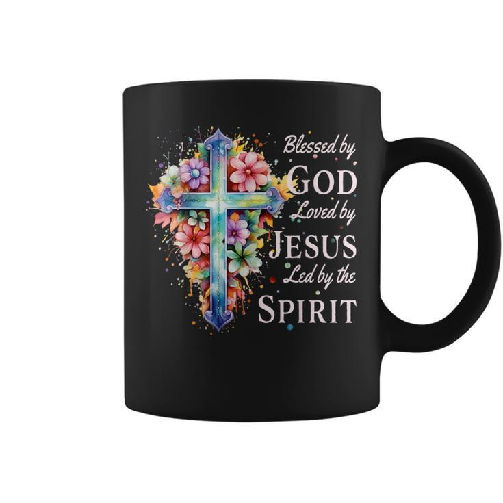 Blessed By God Loved By Jesus Floral Cross Christian Coffee Mug