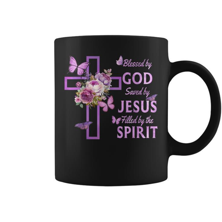 Blessed By God Saved By Jesus Purple Floral Cross Christian Coffee Mug