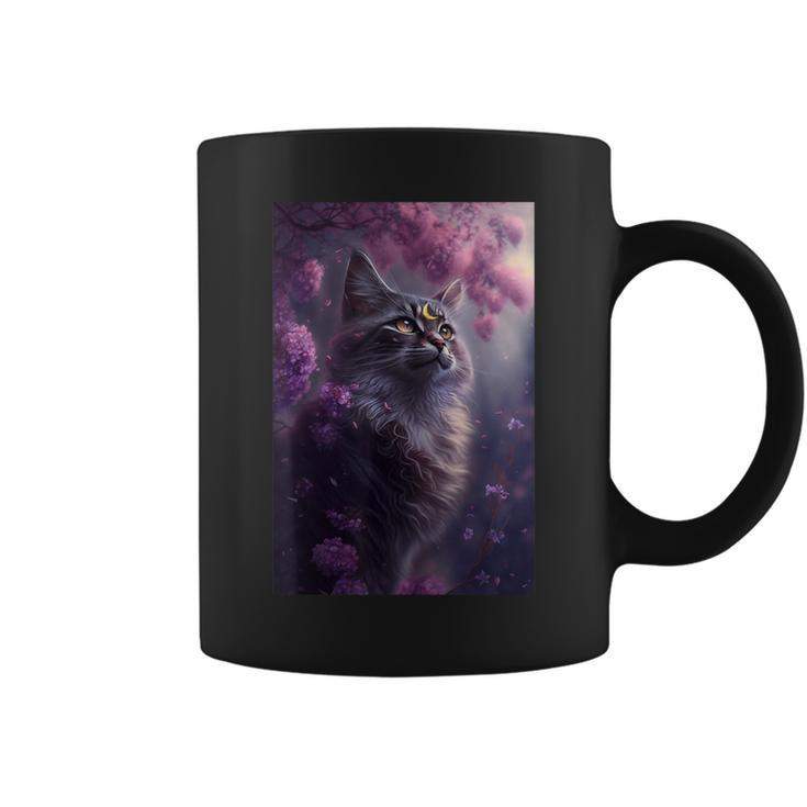 Boho Black Cat Retro Witchy Crescent Moon Purple Lavender Coffee Mug