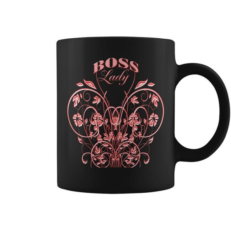Boss Lady Pink Floral Butterfly Swirl Coffee Mug