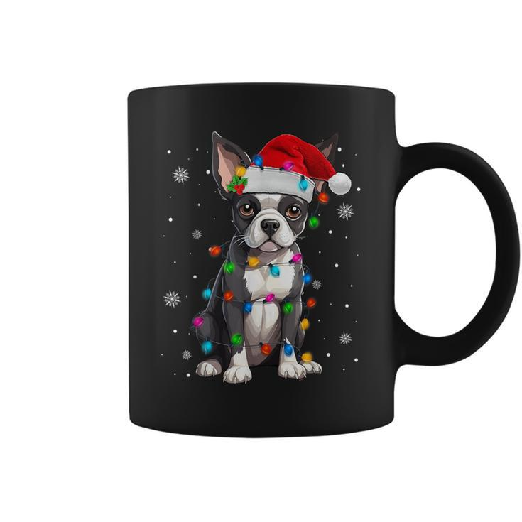 Boston Terrier Christmas Santa Hat Tree Lights Pajama Coffee Mug