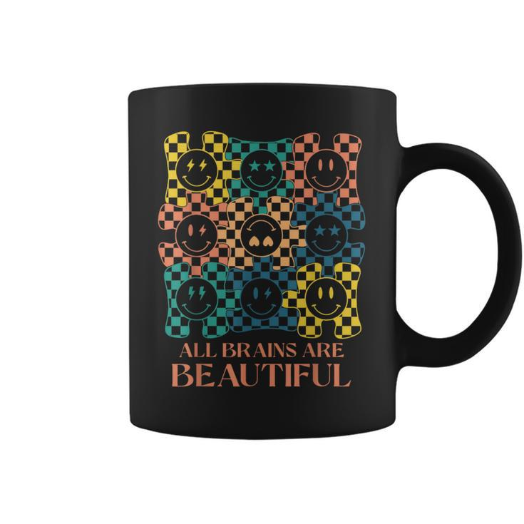All Brains Are Beautiful Smile Face Autism Awareness Groovy Coffee Mug