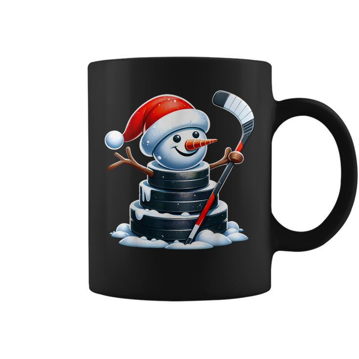 Cartoon Ice Hockey Puck Snowman With Santa Hat Christmas Coffee Mug