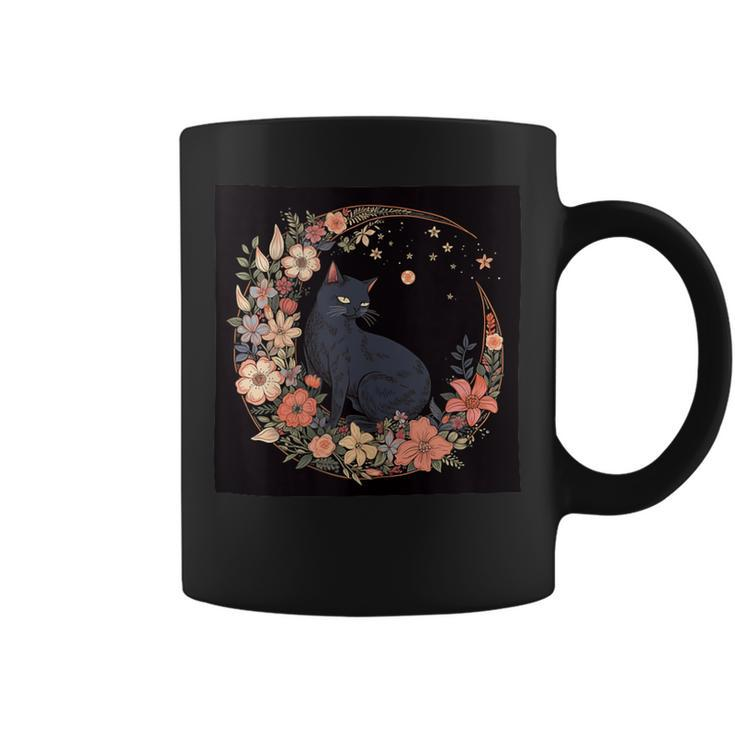 Cat Moon Floral Flowers Graphic Coffee Mug