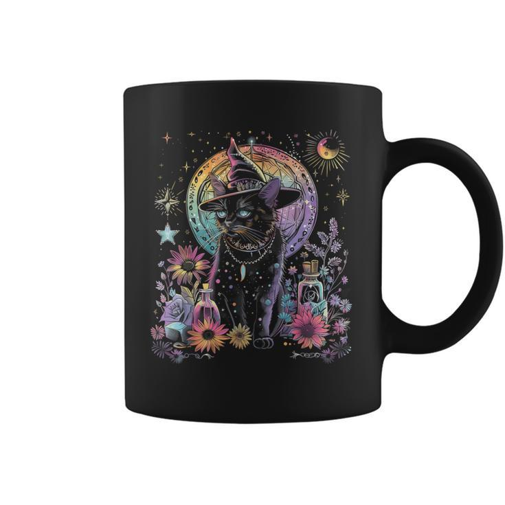 Graphic Cat Witchy And Flowers Cats With Crescent The Moon Coffee Mug
