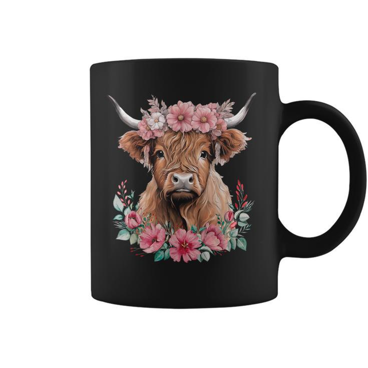 Cute Baby Highland Cow With Flowers Calf Animal Cow Women Coffee Mug
