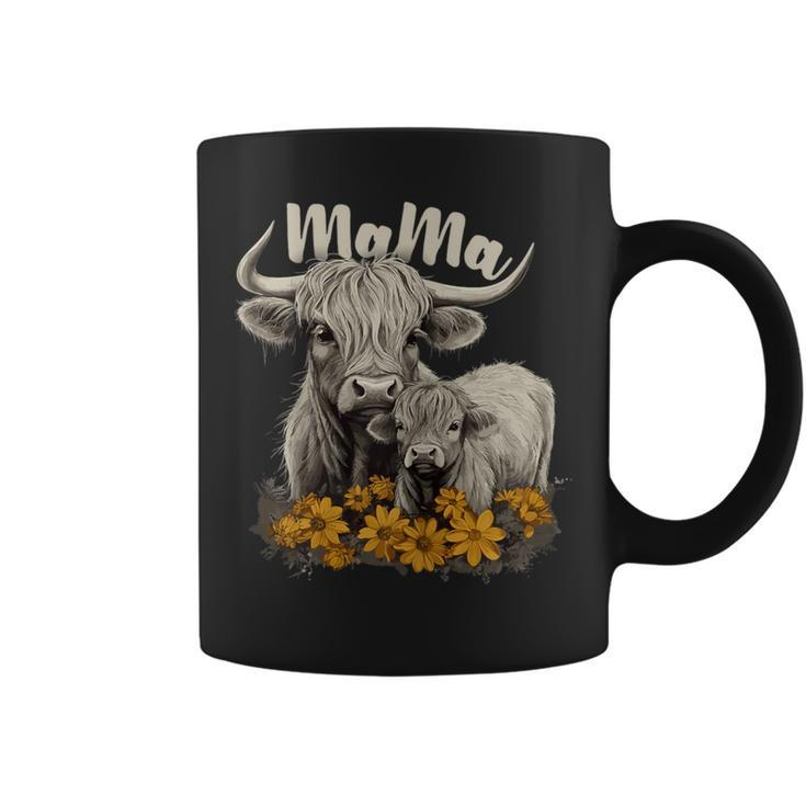 Cute Mama Highland Cow With Baby Calf Flower Cool Animal Coffee Mug