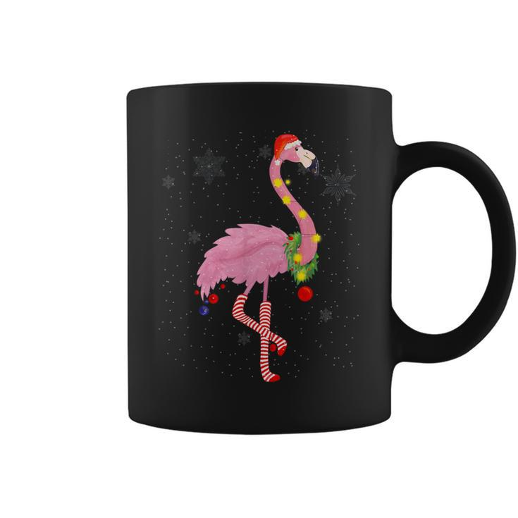Cute Pink Flamingo With Snow Lights And Santa Hat Christmas Coffee Mug