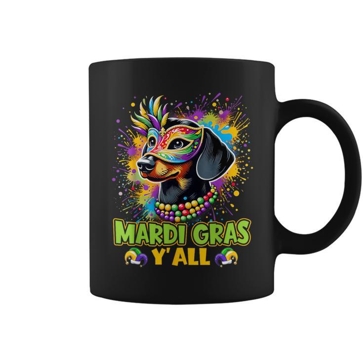Dachshund Dog Mardi Gras Y'all With Beads Mask Colorful Coffee Mug
