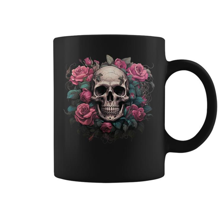 Eternal Harmony Enchanting Cool Skull And Floral Pink Roses Coffee Mug