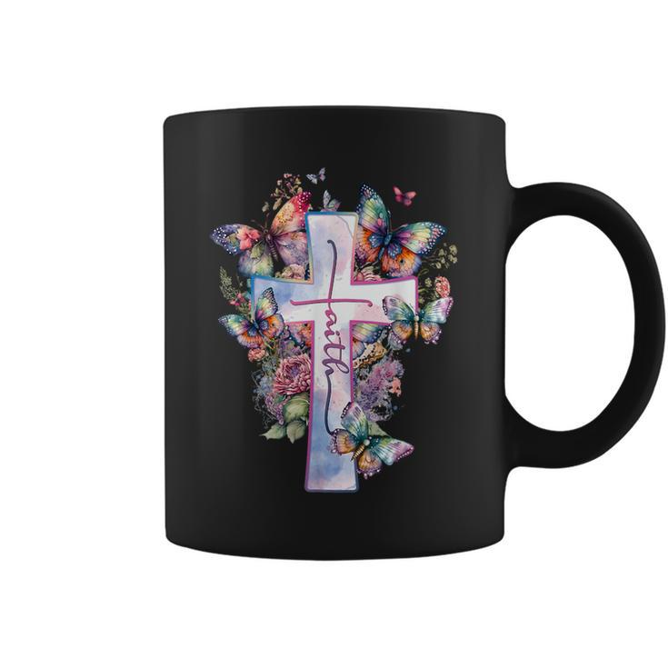 Faith-Cross Floral Butterflies Christ Flowers Religious Coffee Mug