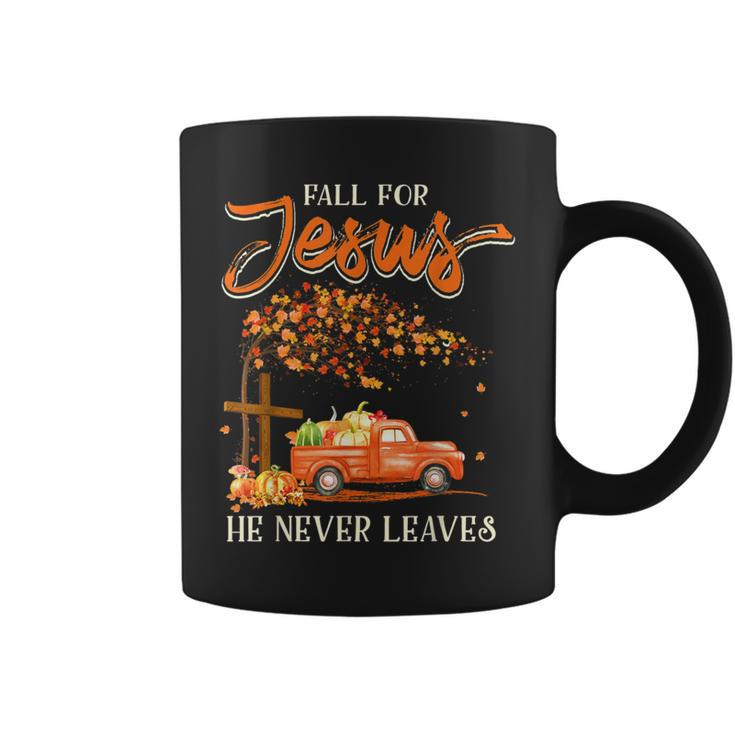 Fall For Jesus He Never Leaves Pumpkin Truck Thanksgiving Coffee Mug