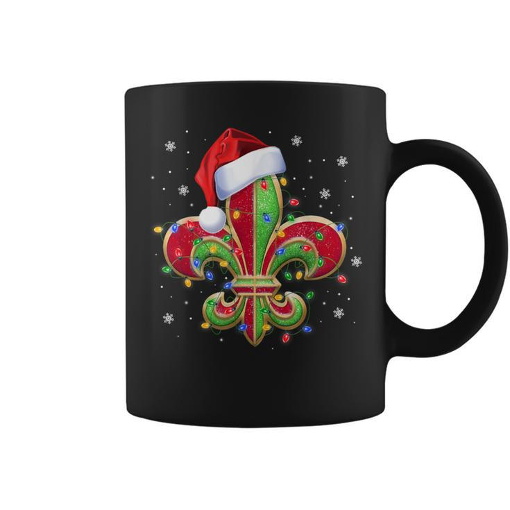 Fleur De Lis Christmas Ornament With Santa Hat Xmas Lights Coffee Mug